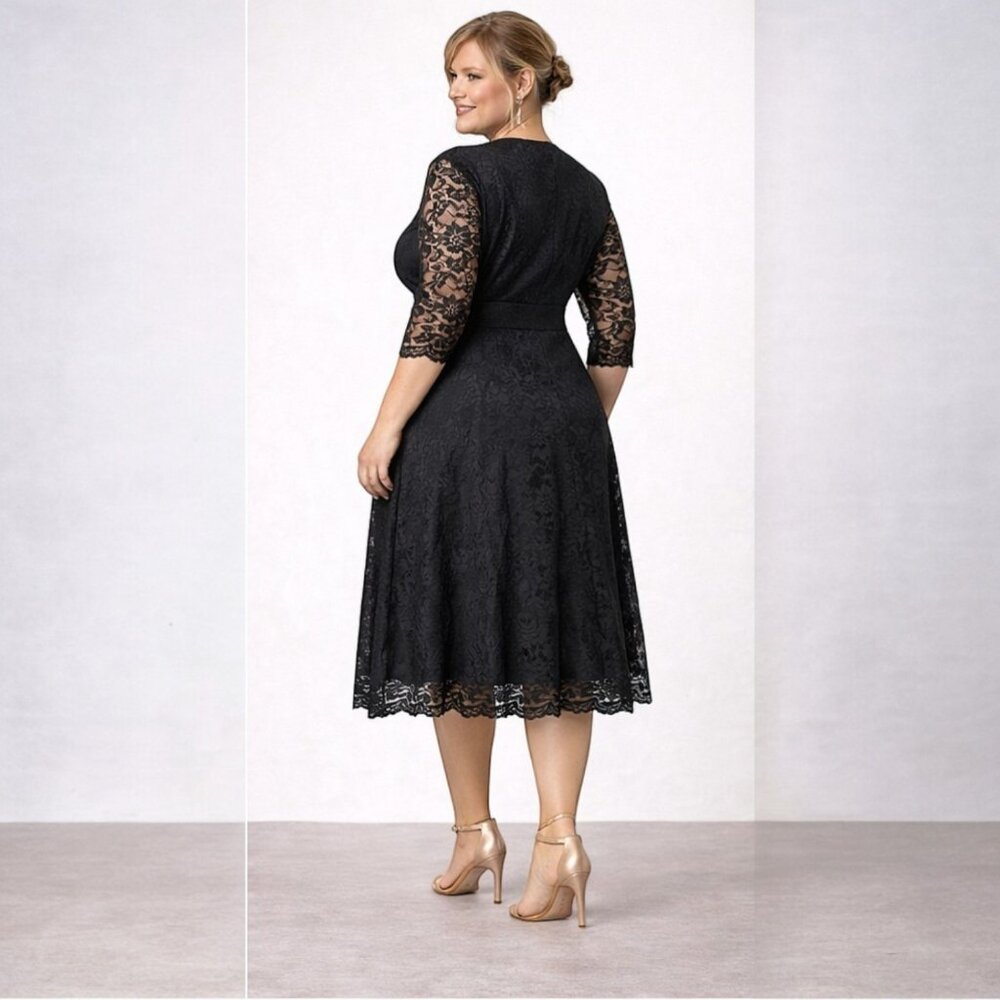 Women's Flattering Plus Size 4XL Black Lace Midi Dress 3/4 Sleeve - Picture 3 of 8